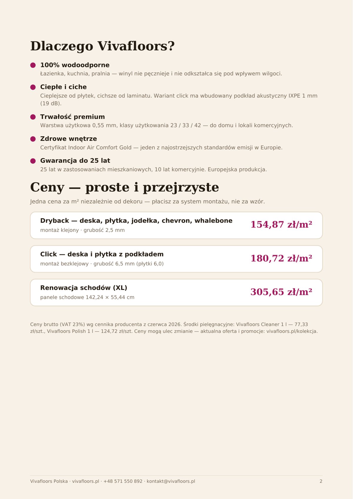 Strona z cennikiem katalogu Vivafloors 2026 — ceny za m² brutto